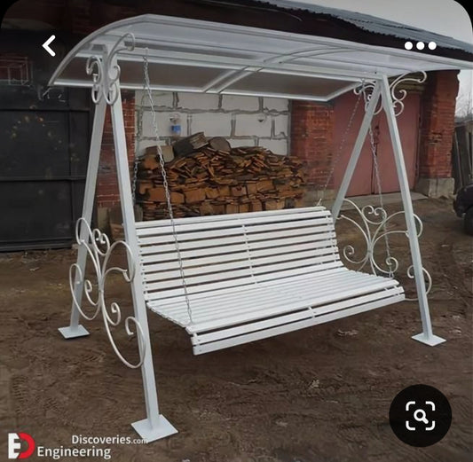 White Metal Garden Swing with Curved Canopy