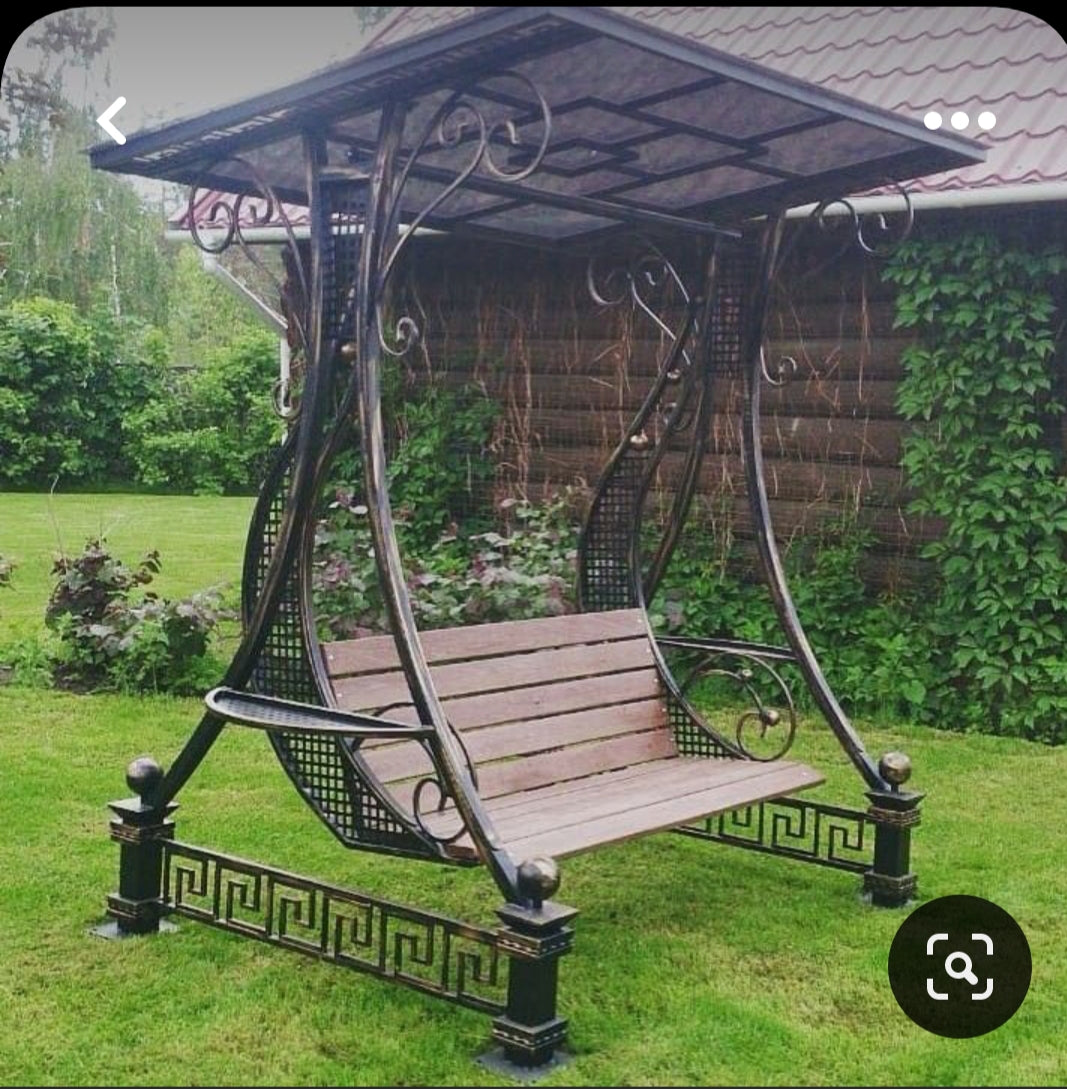 Black Ornate Garden Swing with Wooden Seat