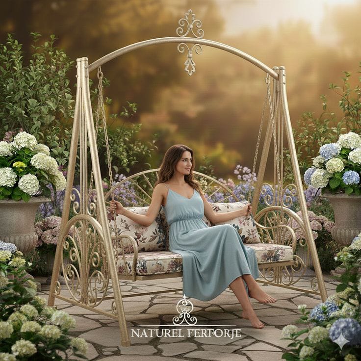 Gold Ornate Garden Swing with Cushions