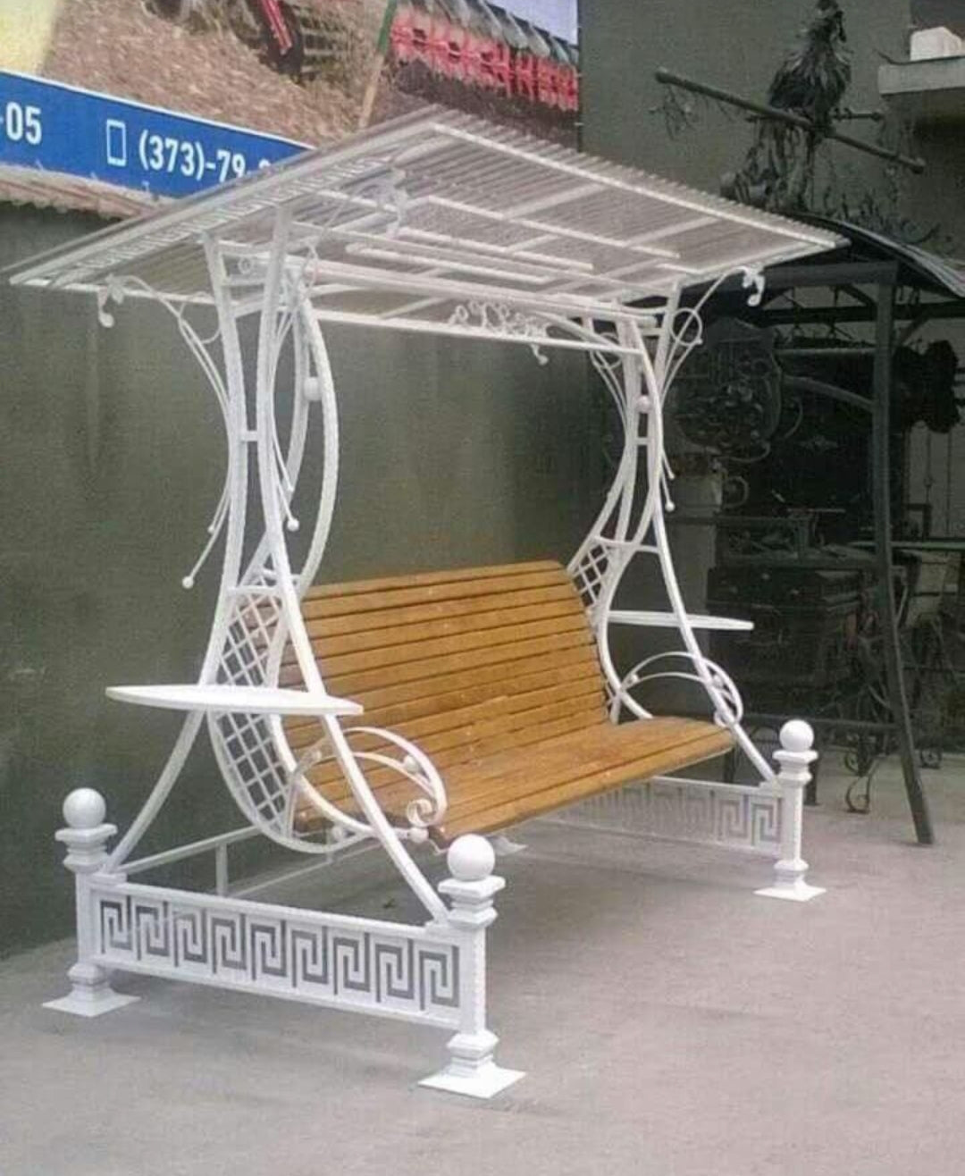 White Ornate Garden Swing with Wooden Seat